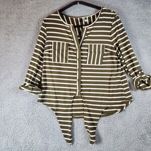 PerSeption Green and White Strip Shirt - Woman's Size Large - Front Tie